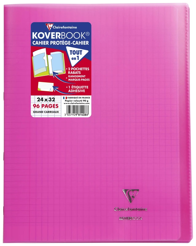 Clairefontaine 981408C - A Pack of 10 Stapled Notebooks Koverbook Pink - Dimensions: 24x32 cm - 96 Seyes Ruled Pages - White Paper 90 g - Polypro Cover