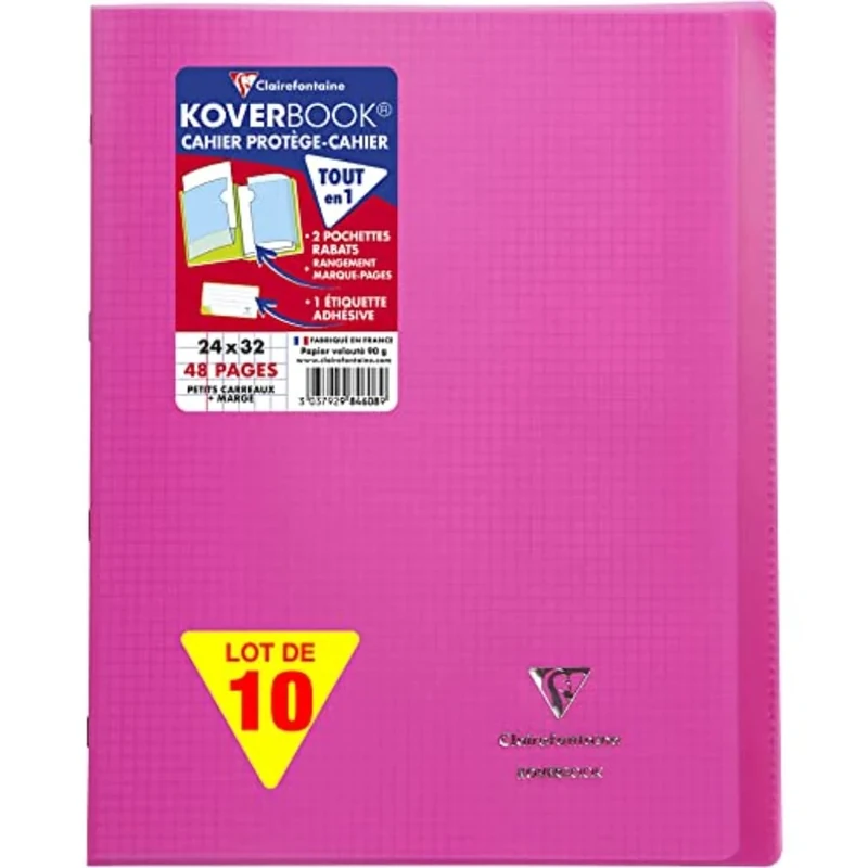 Clairefontaine 984608C A Pack of 10 Stapled Notebooks Koverbook Pink - 24x32 cm - 48 Pages Small Squares with Margin - White Paper 90 g - Polypro Cover