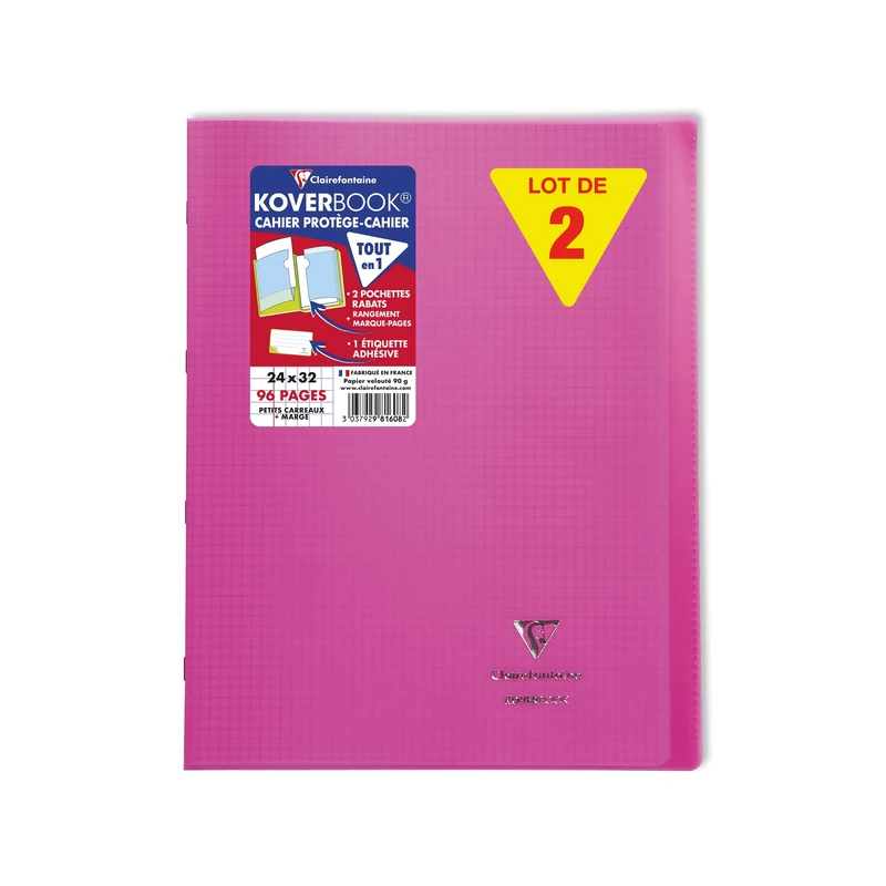 Clairefontaine 981608C A Pack of 10 Stapled Notebooks Koverbook Pink - 24x32 cm - 96 Pages Small Squares with Margin - White Paper 90 g - Polypro Cover