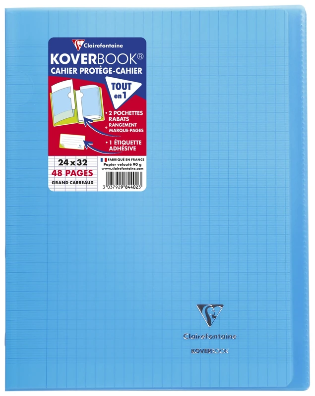 Clairefontaine 984402C - A Set of 10 Blue Koverbook Stapled Notebooks - Dimensions: 24x32 cm - 48 Seyes Ruled Pages - White Paper 90 g - Polypro Cover
