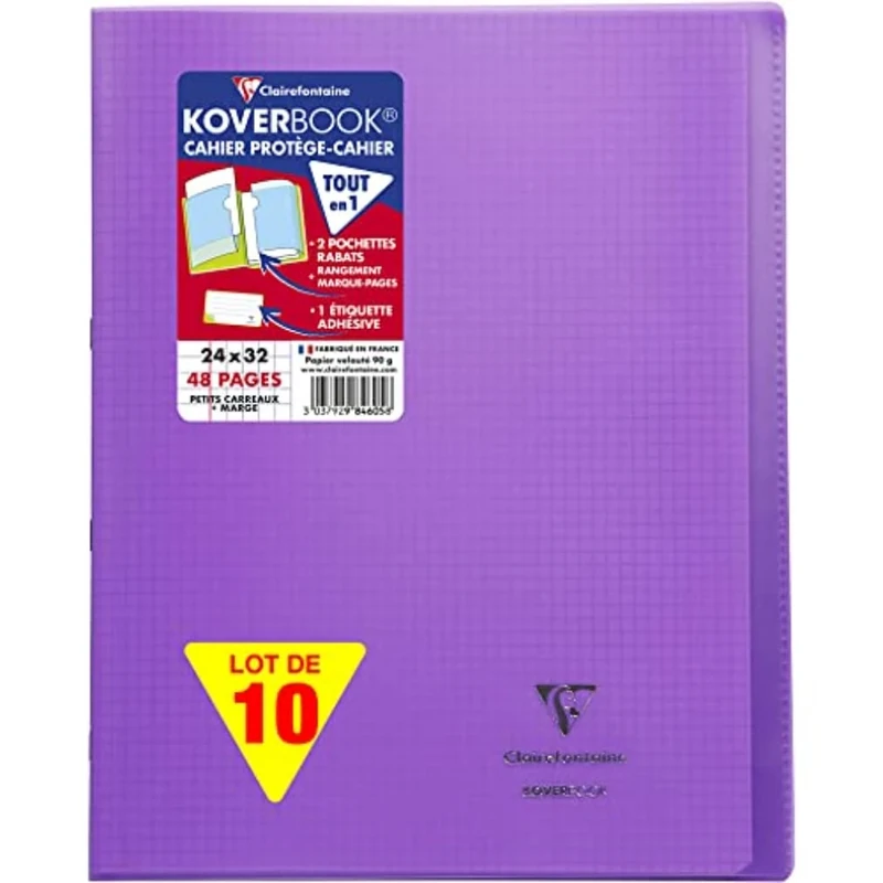 Clairefontaine 984605C A Pack of 10 Stapled Notebooks Koverbook Violets - 24x32 cm - 48 Pages Small Squares with Margin - White Paper 90 g - Polypro Cover