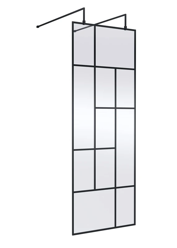 Hudson Reed BFAFB076 Abstract Modern Bathroom 'Shower Shield' Coated Framed Free Standing 8mm Toughened Safety Glass Wetroom Screen with 2 Support Arms, 760mm, Matt Black