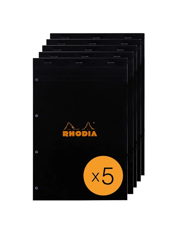 RHODIA 201009C - Stapled Notepad N°20 Black - A4+ - Large Seyès Squares - 80 Detachable Sheets 4-Hole Perforation - White Clairefontaine Paper 80G - Pack of 5 pads