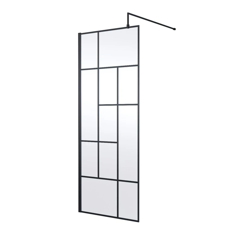 Hudson Reed WRSFB080 Abstract Modern Bathroom 'Shower Shield' Coated Framed Wall Fixed 8mm Toughened Safety Glass Wetroom Screen with Support Arm, 800mm, Matt Black