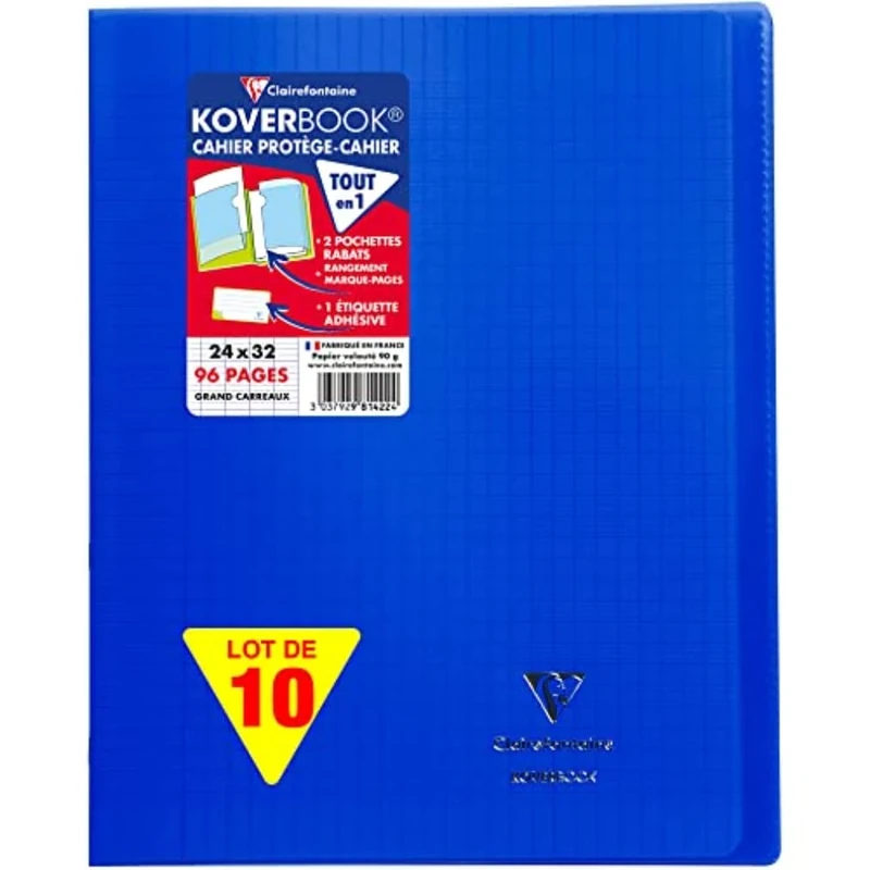 Clairefontaine 981422C - A Pack of 10 Stapled Notebooks Koverbook Marine Blue - Dimensions: 24x32 cm - 96 Seyes Ruled Pages - White Paper 90 g - Polypro Cover