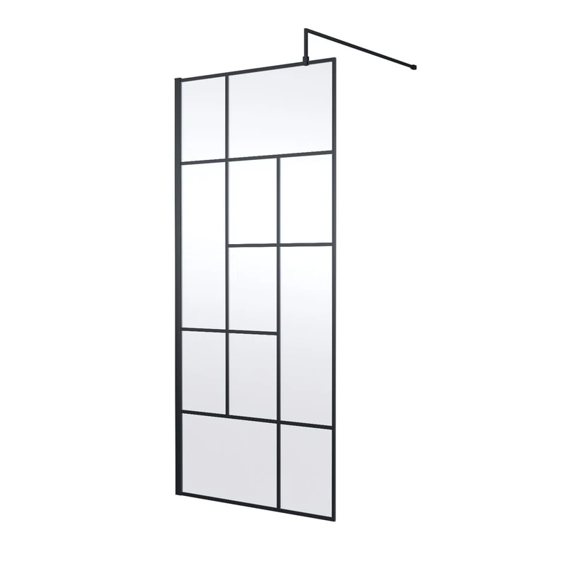 Hudson Reed WRSFB090 Abstract Modern Bathroom 'Shower Shield' Coated Framed Wall Fixed 8mm Toughened Safety Glass Wetroom Screen with Support Arm, 900mm, Matt Black