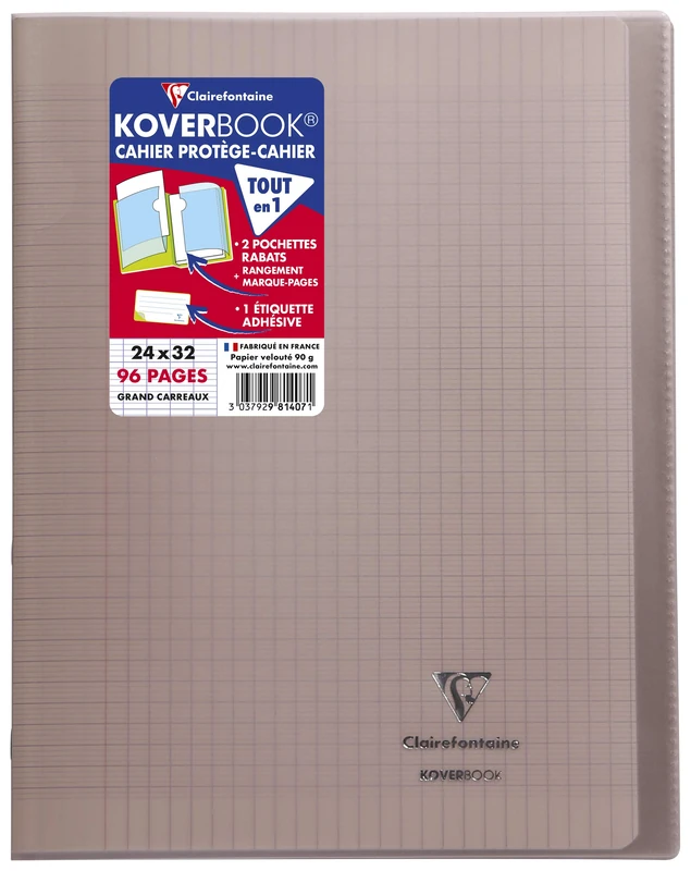 Clairefontaine 981407C - One Pack of 10 Stapled Notebooks Koverbook Grey - Dimensions: 24x32 cm - 96 Seyes Ruled Pages - White Paper 90 g - Polypro Cover