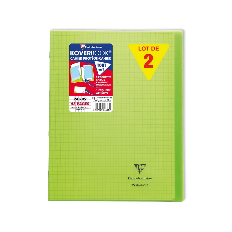 Clairefontaine 984603C A Set of 10 Green Koverbook Stapled Notebooks - 24x32 cm - 48 Small Square Pages with Margin - White Paper 90 g - Polypro Cover