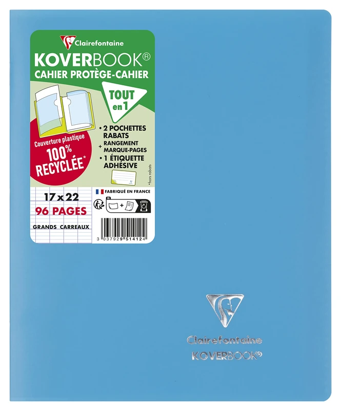 Clairefontaine 951412C Set of 10 Blue Turquoise Koverbook Stapled Notebooks - 17x22cm - 96 Seyes Ruled Pages - 90g White Paper - Opaque Recycled Polypro Cover