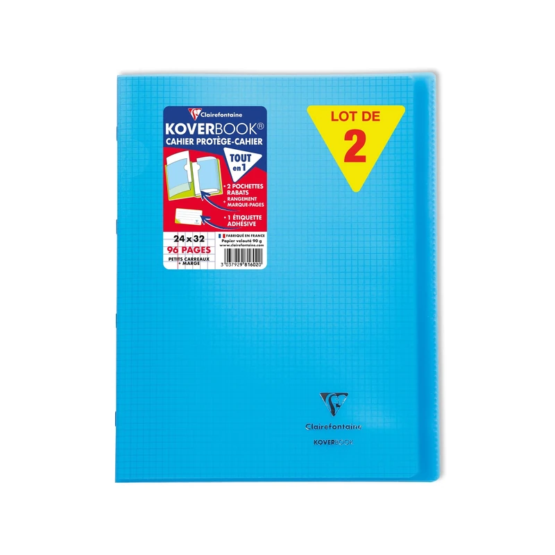 Clairefontaine 981602C - A Set of 10 Blue Koverbook Stapled Notebooks - Size: 24x32 cm - 96 Small Square Pages with Margin - White Paper 90 g - Polypro Cover
