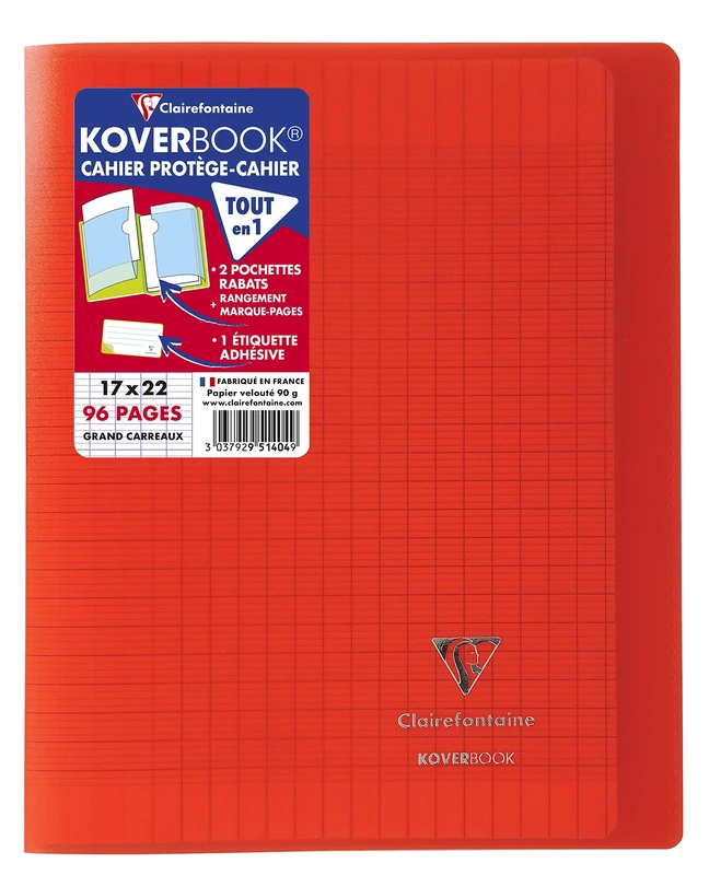 Clairefontaine 951404C - One Pack of 10 Red Koverbook Stapled Notebooks - Dimensions: 17 x 22 cm - 96 Seyes Ruled Pages - White Paper 90 g - Polypro Cover