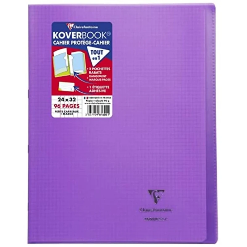 Clairefontaine 981605C A Pack of 10 Stapled Notebooks Koverbook Violets - 24x32 cm - 96 Pages Small Squares with Margin - White Paper 90 g - Polypro Cover