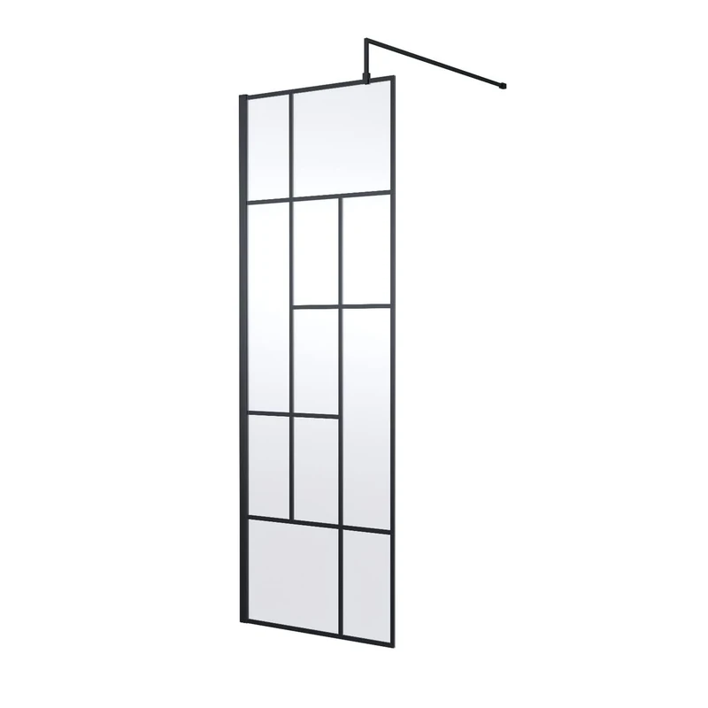 Hudson Reed WRSFB070 Abstract Modern Bathroom 'Shower Shield' Coated Framed Wall Fixed 8mm Toughened Safety Glass Wetroom Screen with Support Arm, 700mm, Matt Black