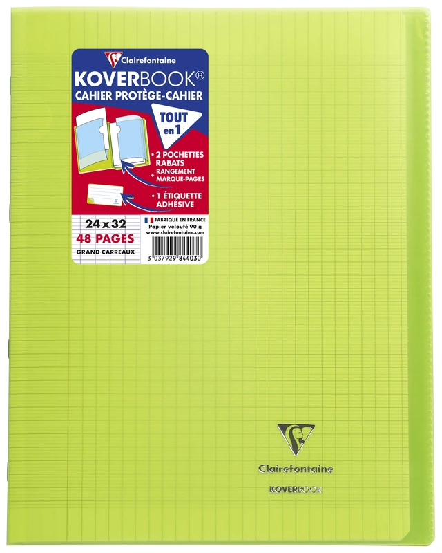 Clairefontaine 984403C - A Set of 10 Green Koverbook Stapled Notebooks - Dimensions: 24x32 cm - 48 Seyes Ruled Pages - White Paper 90 g - Polypro Cover