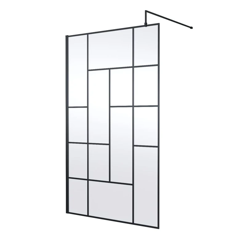 Hudson Reed WRSFB12 Abstract Modern Bathroom 'Shower Shield' Coated Framed Wall Fixed 8mm Toughened Safety Glass Wetroom Screen with Support Arm, 1200mm, Matt Black