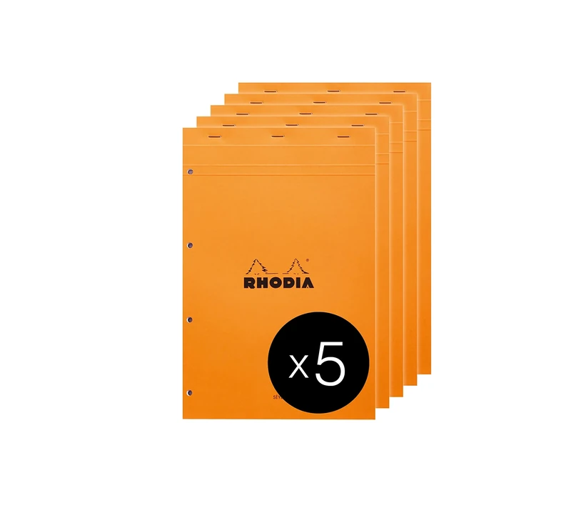 RHODIA 20100C - Stapled Notepad N°20 Orange - A4+ - Large Seyès Squares - 80 Detachable Sheets 4 Hole Punched - White Clairefontaine Paper 80G - Pack of 5 pads