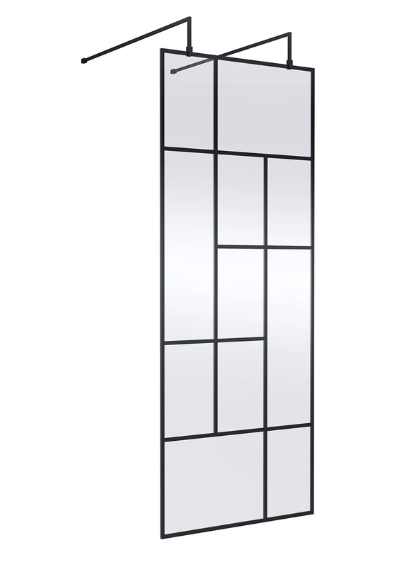 Hudson Reed BFAFB080 Abstract Modern Bathroom 'Shower Shield' Coated Framed Free Standing 8mm Toughened Safety Glass Wetroom Screen with 2 Support Arms, 800mm, Matt Black