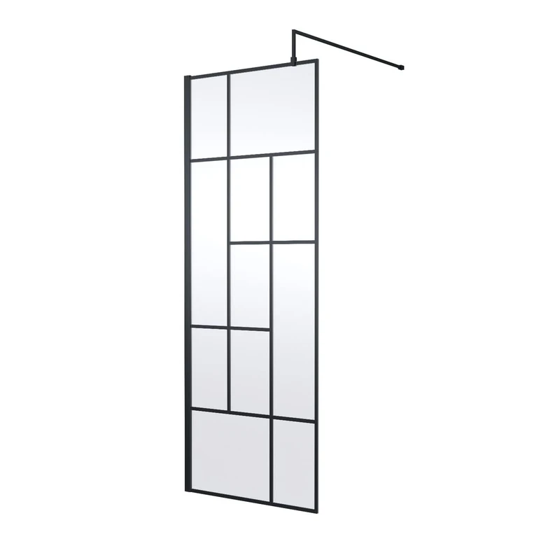 Hudson Reed WRSFB076 Abstract Modern Bathroom 'Shower Shield' Coated Framed Wall Fixed 8mm Toughened Safety Glass Wetroom Screen with Support Arm, 760mm, Matt Black
