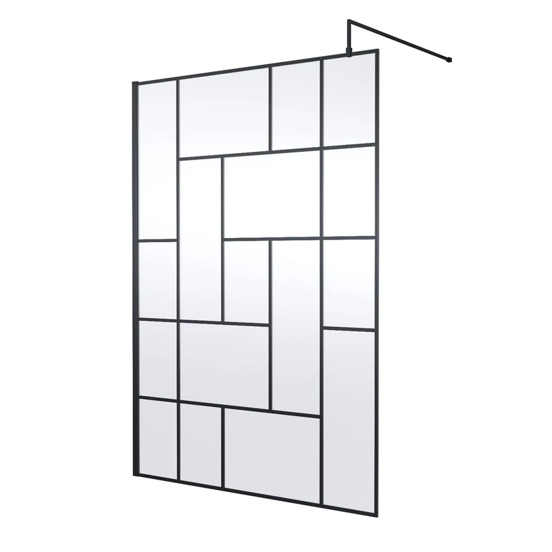 Hudson Reed WRSFB14 Abstract Modern Bathroom 'Shower Shield' Coated Framed Wall Fixed 8mm Toughened Safety Glass Wetroom Screen with Support Arm, 1400mm, Matt Black