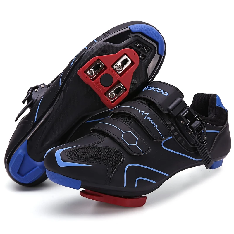 Mens Womens Cycling Shoes Compatible with Peloton Bike Indoor Outdoor Road Bike Riding Shoes with Look Delta Cleats Pre-Installed Clip in Pedal, (Black-Blue, 7)