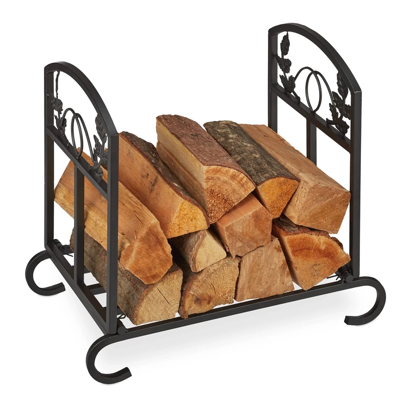 Relaxdays Firewood Rack, Foldable, Fireplace Log Storage, Indoors, Floral Ornaments, Steel, HWD: 44.5 x 51 x 32cm, Black