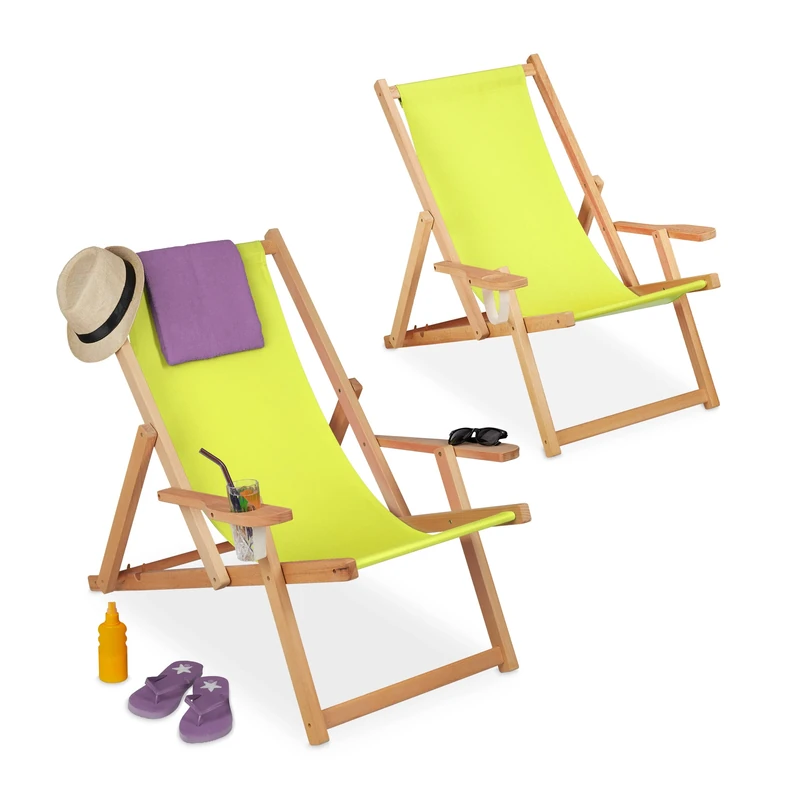 Relaxdays Wooden Deck Chairs, Set of 2, 3 Positions, up to 100 kg, Armrest Drink Holder, Beech Wood, Sun Chairs, Green