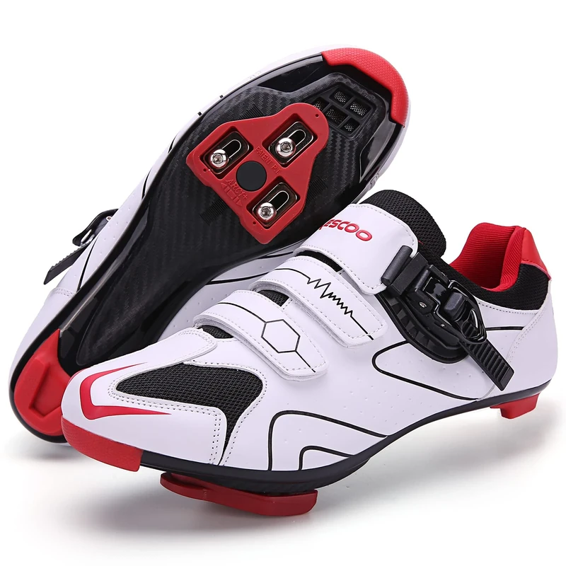 Mens Womens Cycling Shoes Compatible with Peloton Bike Indoor Outdoor Road Bike Riding Shoes with Look Delta Cleats Pre Installed Clip in Pedal, (White-red, 9)