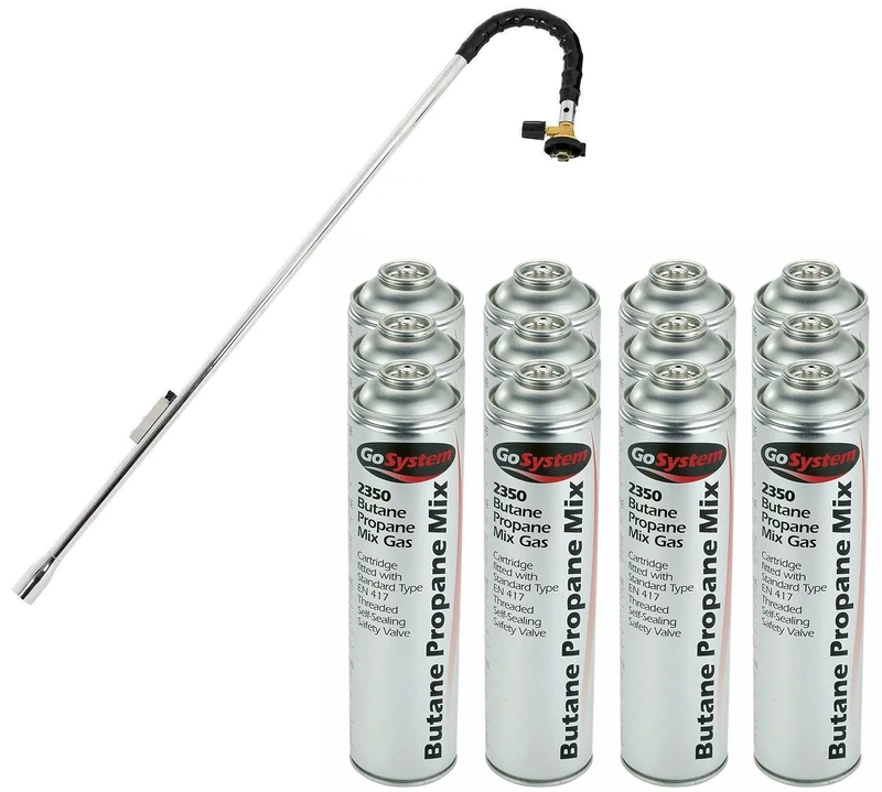 GoSystem Garden Weed Wand Gas Weed Killer Burner Blaster Burning Torch and Gas Canisters Refill for Camping Stove Blowtorch BBQ (12 x Go Can 350g+Weed Wand)