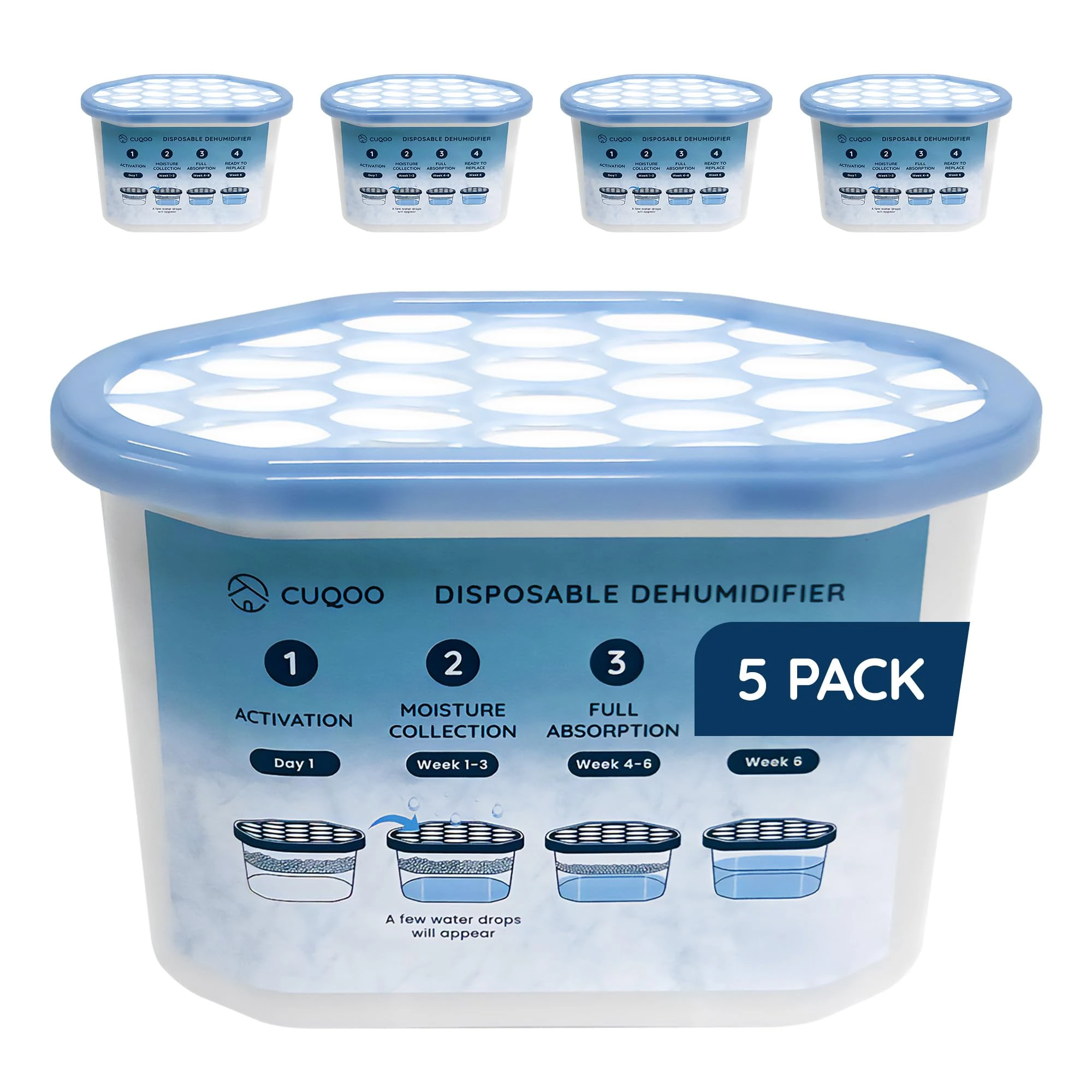 CUQOO Disposable Dehumidifier for Home 500ml, Pack of 5 Moisture Absorber Dehumidifiers for Damp, Mould, Kitchen, Wardrobe, Bedroom, Caravan, Office, Garage, Bathroom - Mini Condensation Absorbers