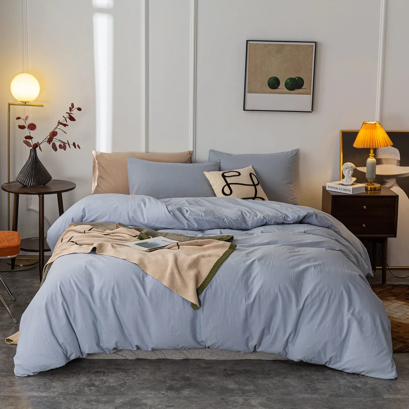 Janlive Washed Cotton Duvet Cover King Ultra Soft 100% Cotton Solid Color Light Blue Duvet Cover Set with Zipper Closure -3 Pieces Light Blue King