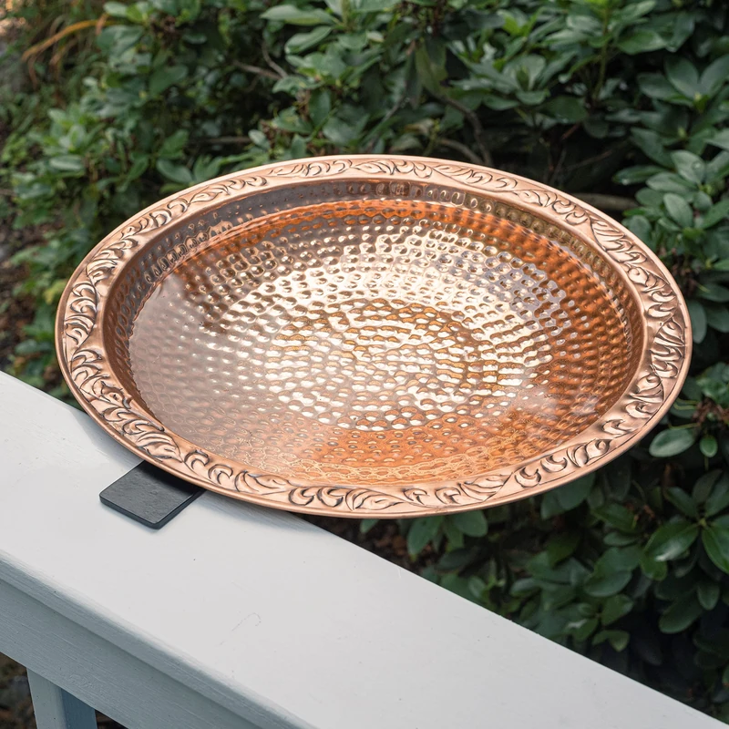 Good Directions Pure Copper Metal Bird Bath with Deck Mount for Railing, Large 18" Diameter - Image 1