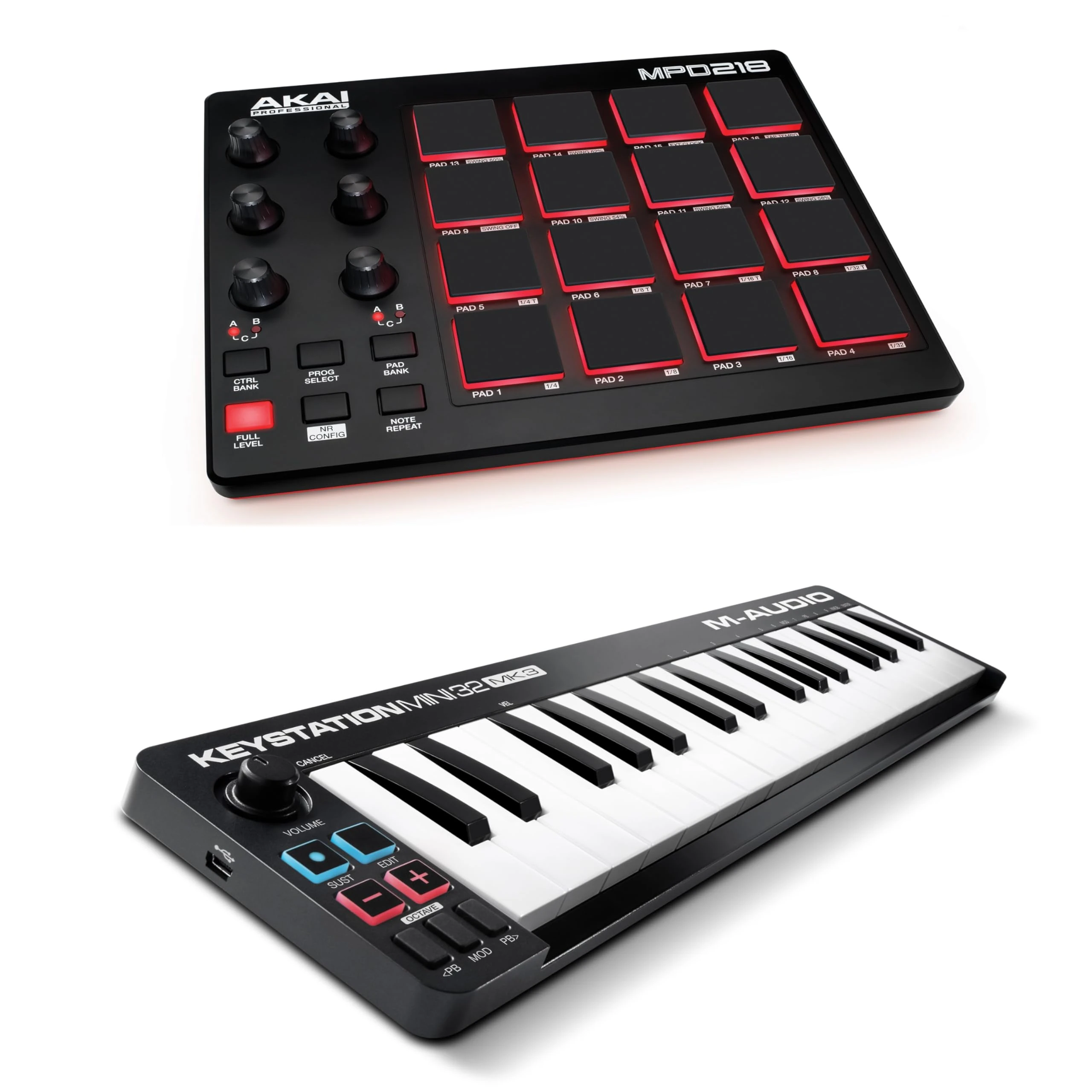 AKAI Professional MPD218 - USB MIDI Controller with 16 MPC Drum Pads + M-Audio Keystation Mini 32 MK3 - Portable USB MIDI Keyboard Controller