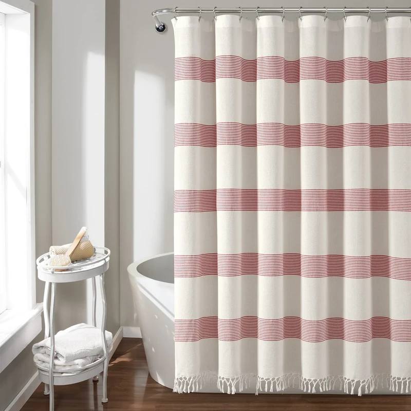 Lush Decor Tucker Stripe Yarn Dyed Cotton Knotted Tassel Shower Curtain, 72" x 72", White & Red
