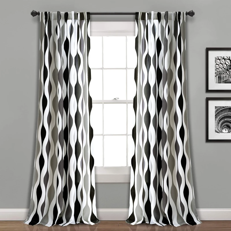 Lush Decor Mid Century Geo Light Filtering Window Curtain Panel Pair, 95" Long x 52" Wide, Black & Gray