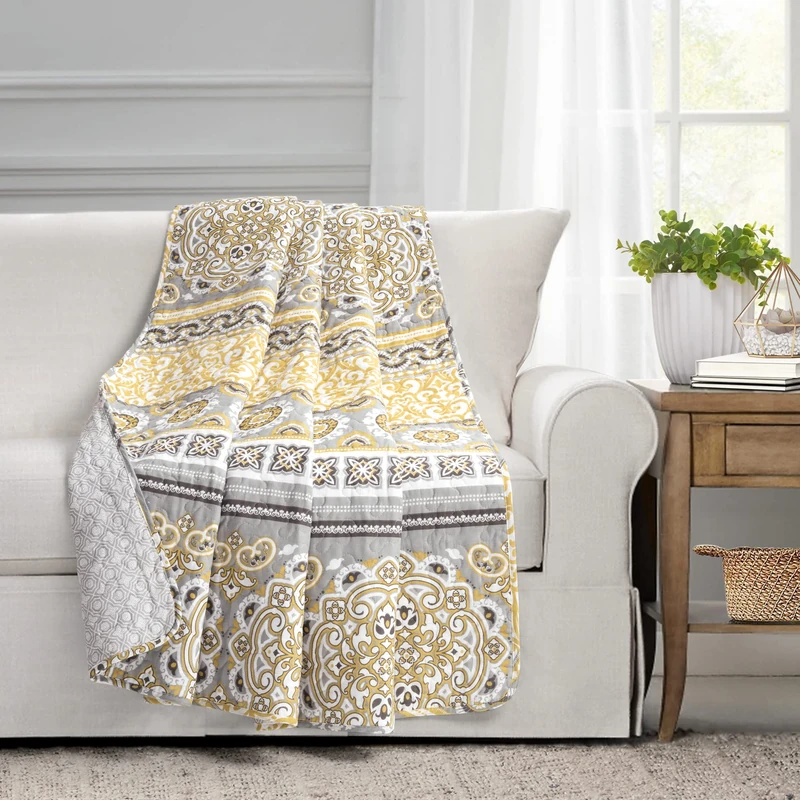 Lush Decor Nesco Stripe Reversible Cotton Throw Blanket, 60" x 50", Yellow & Gray