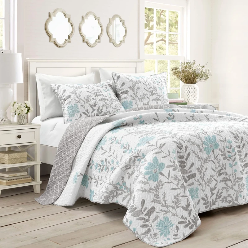 Lush Decor Aprile Reversible 3 Piece Quilt Set, Polyester, Blue & Gray, Full/Queen