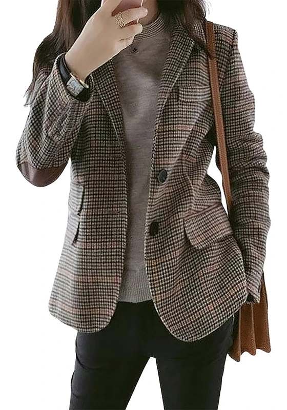 ebossy Womens Vintage Nothced Lapel Single Breasted Boyfriend Blazer Suits Houndstooth Plaid Jacket Coat with Patched Elbow, Khaki-a, L