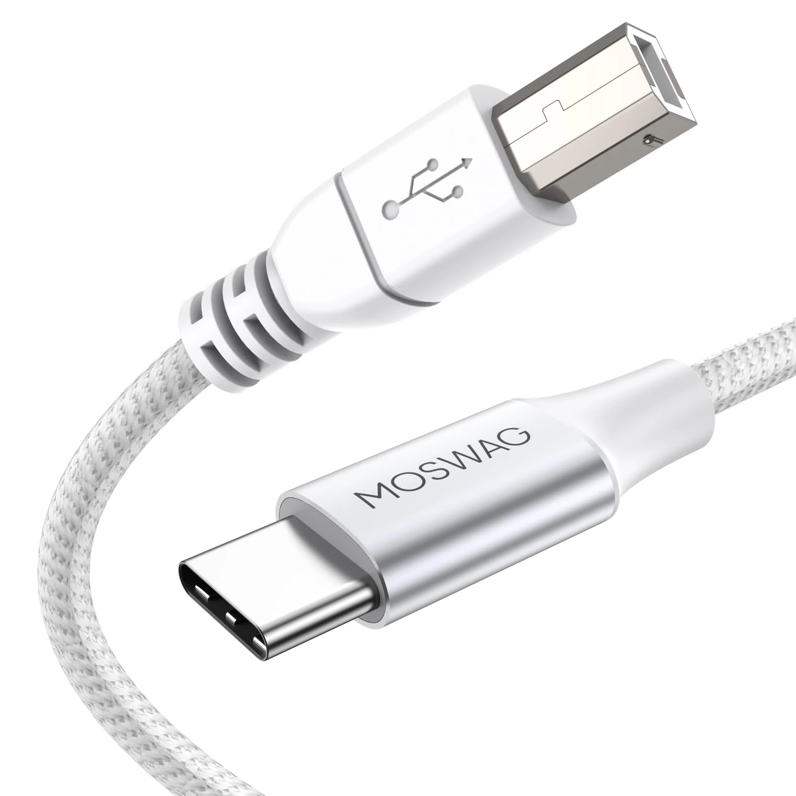 MOSWAG USB C to USB B MIDI Cable Type C to usb MIDI Cable Nylon Braided 2.0 Printer Scanner Cord High Speed with Metal Connector (16.4FT/5M, White)