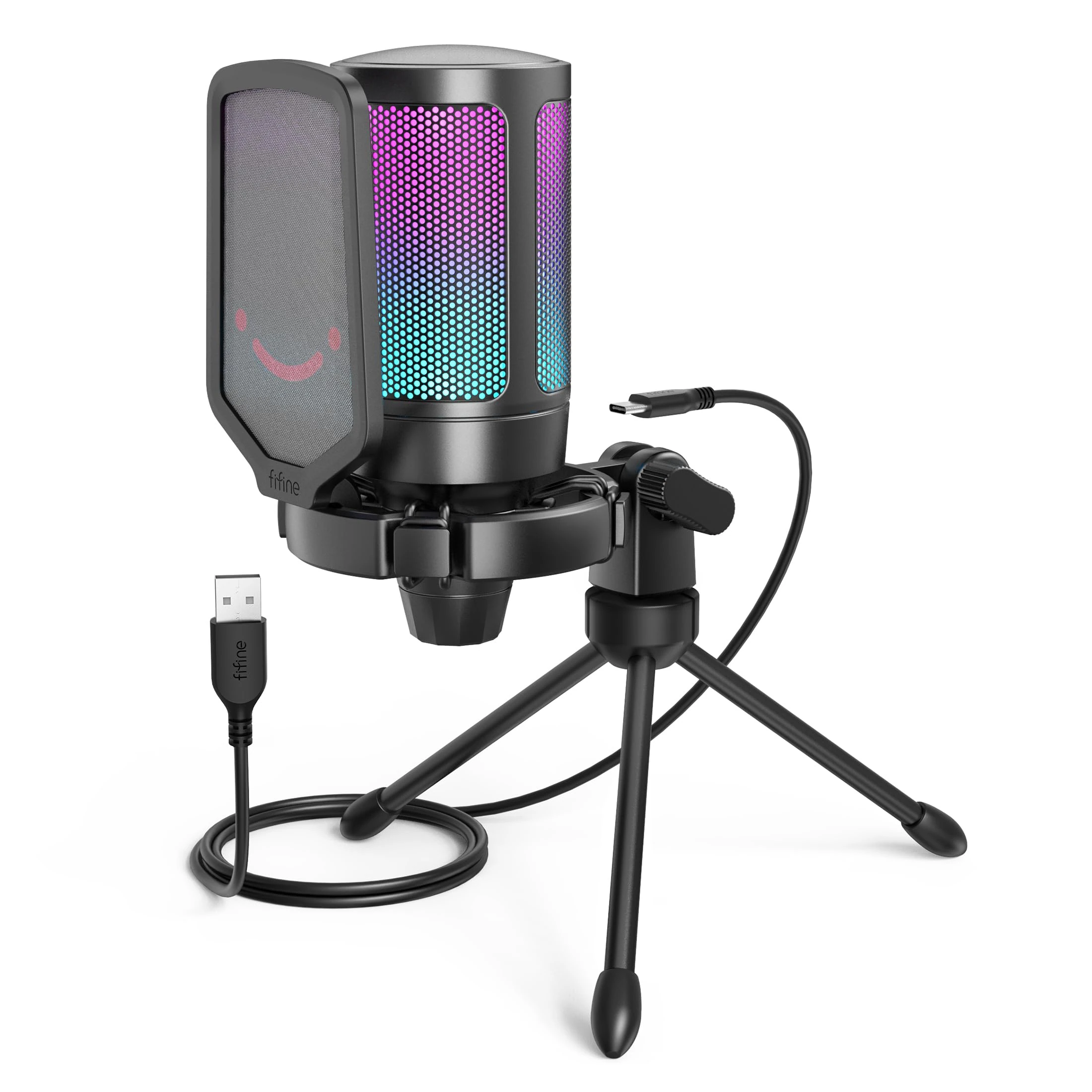 FIFINE Gaming USB Microphone for PC PS5, RGB Condenser Microphone with Tap-to-Mute Button, Shock Mount, Pop Filter, Gain Control for Streaming Podcast Discord Twitch- AmpliGame