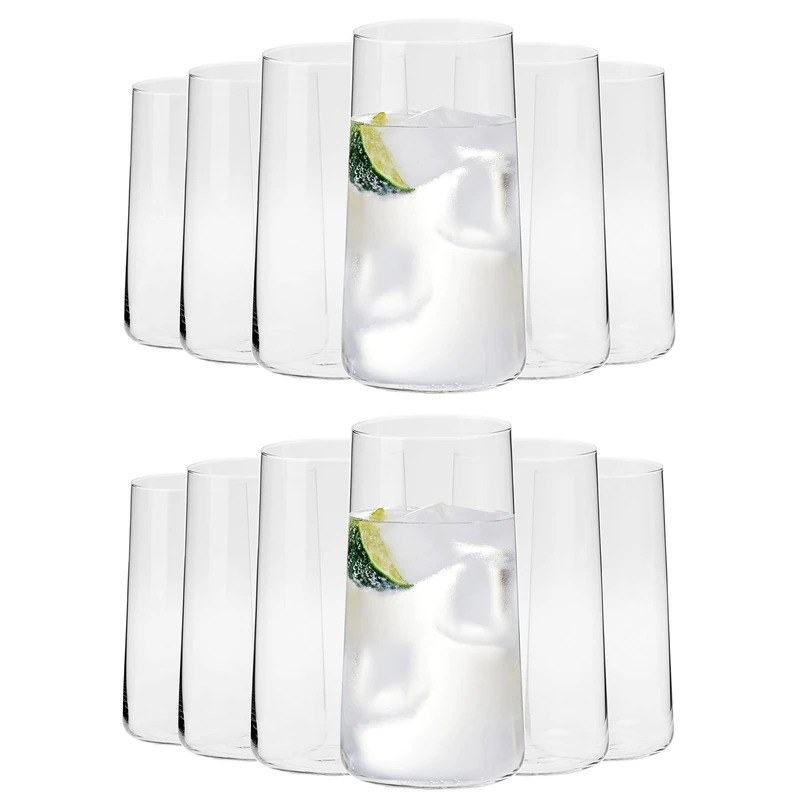 KIAPPO Set of 12 Avant-Grande Glasses with Capacity 540 ml, Tall Glasses for Water and Cold Drinks, Modern and Minimalist Design, Crystal Glass, Dishwasher Safe