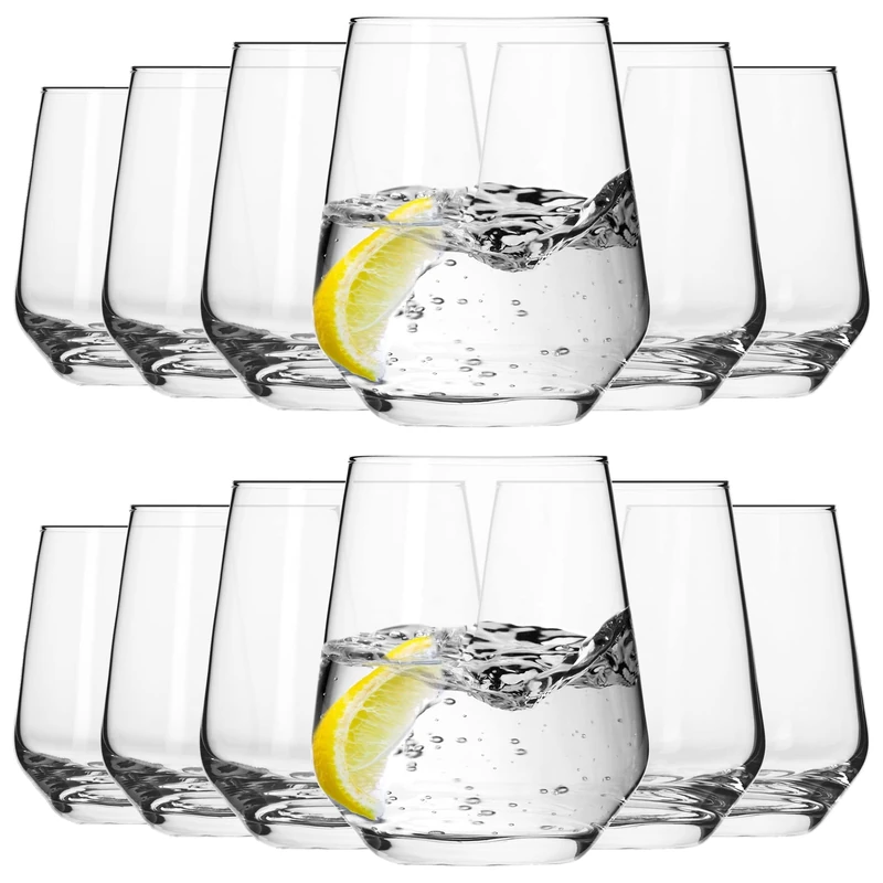 KIAPPO Set of 12 400ml Capacity Glasses for Water and Cold Drinks, Modern and Minimalist Design, Crystal Glass, Dishwasher Safe
