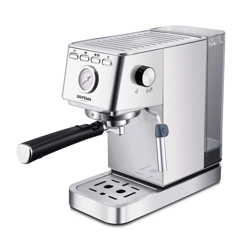 GRIFEMA GC3003 Coffee Maker, Cappuccino Automatic Espresso, Filter Holder Arm with Double Exhaust and Two Filters, 20 Bar Pressure, Removable 1.4L Tank, 1350 W, BPA Free, Plata