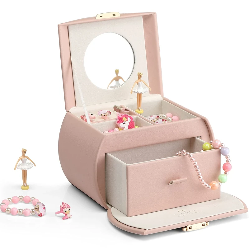 Vlando Girls Jewellery Box with Drawer, Music Box with Ballerina and Stickers for Bedroom Decor, Gifts for Girls Kids, Pink