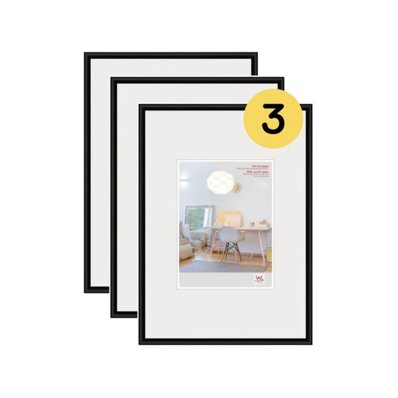 walther Design Picture Frame Black 29,7 x 42 cm (DIN A3) with Art Glass 3-Pack, New Lifestyle Plastic Frame KVX342B3