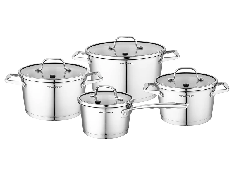 FLORINA Professional Stainless Steel Cooking Pot Set, 8 Pieces, Induction, 4 Saucepans, 4 Glass Lids, Suitable for All Hobs, Dishwasher Safe