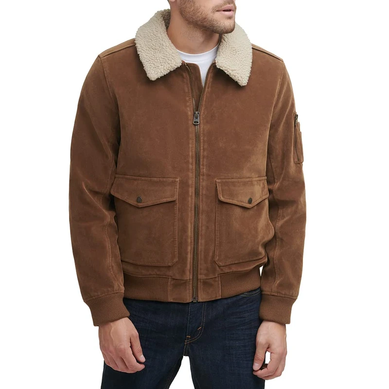 Levi's Men's Aviator Bomber Jacket Leather, Cognac Faux Suede/Sherpa Collar, Large