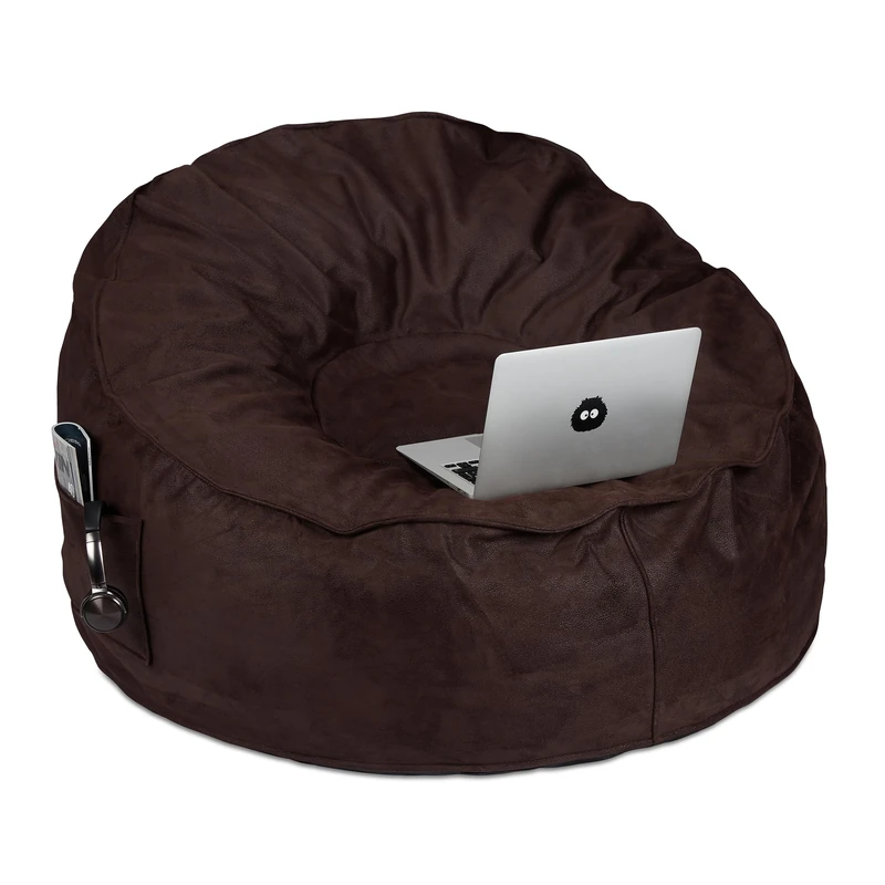Relaxdays XXL Beanbag Chair, Suede Look, Foam, 2 Side Pockets, Giant Seat Cushion, Adult, HWD: 60x110x110 cm, Dark Brown