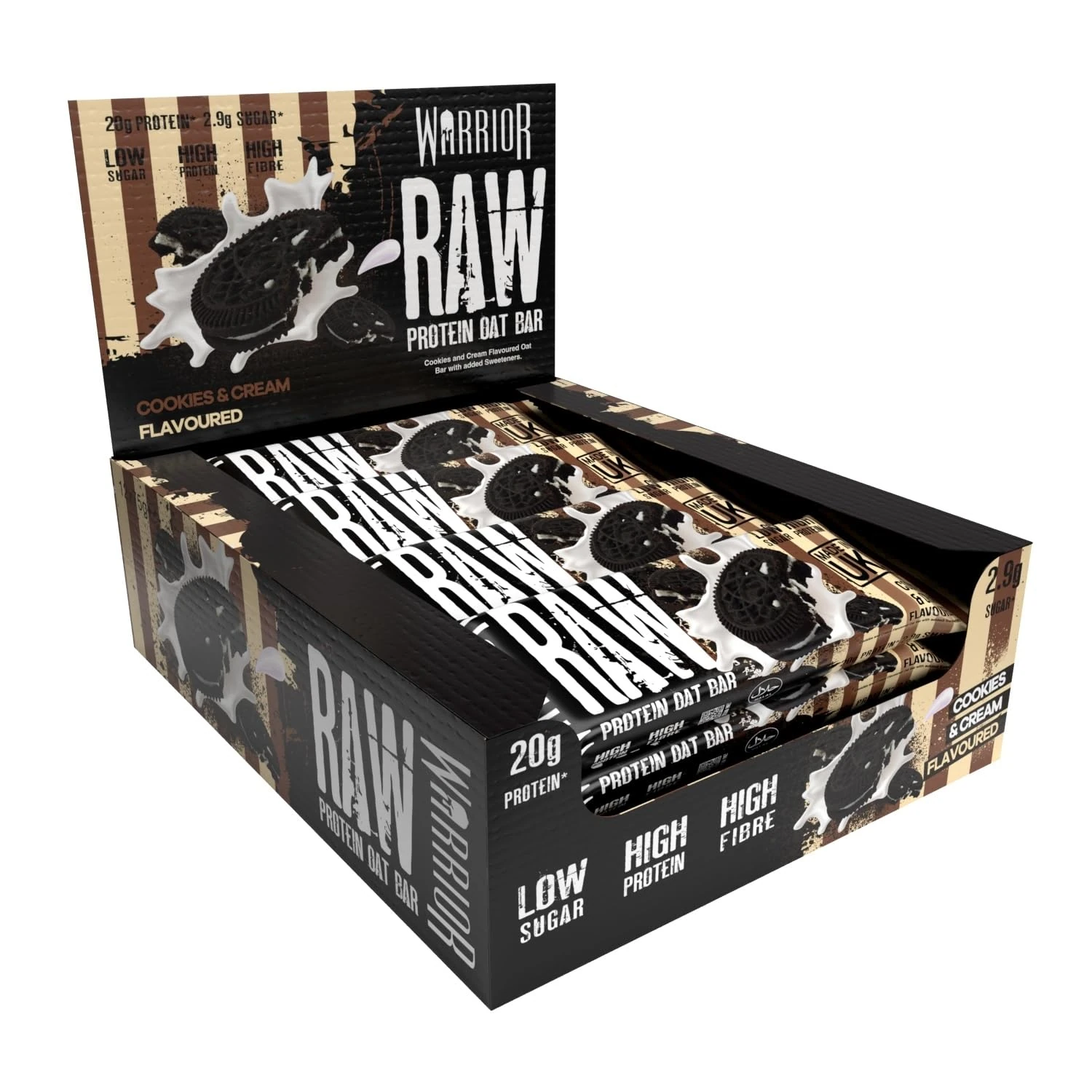 Warrior Raw Protein Bars – 12 x 75g High Protein Snack – High Fibre, Low Sugar – Ideal Meal Replacement or Healthy Nutrition Energy Snacks - Oat Bar Flapjacks – UK Made (Cookies & Cream)