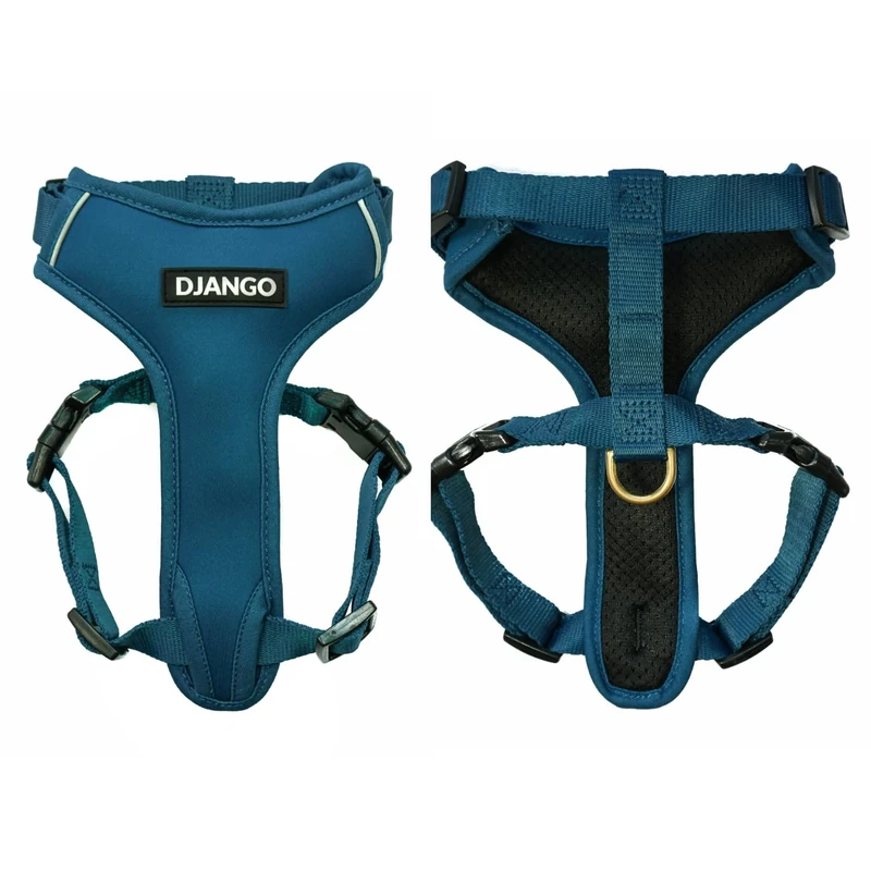 DJANGO Adventure Dog Harness – Comfortable, Durable, and Reflective Neoprene Dog Harness for Outdoor Adventures and Everyday Wear – Adjustable Design with Solid Brass Hardware (Small, Indigo Blue)