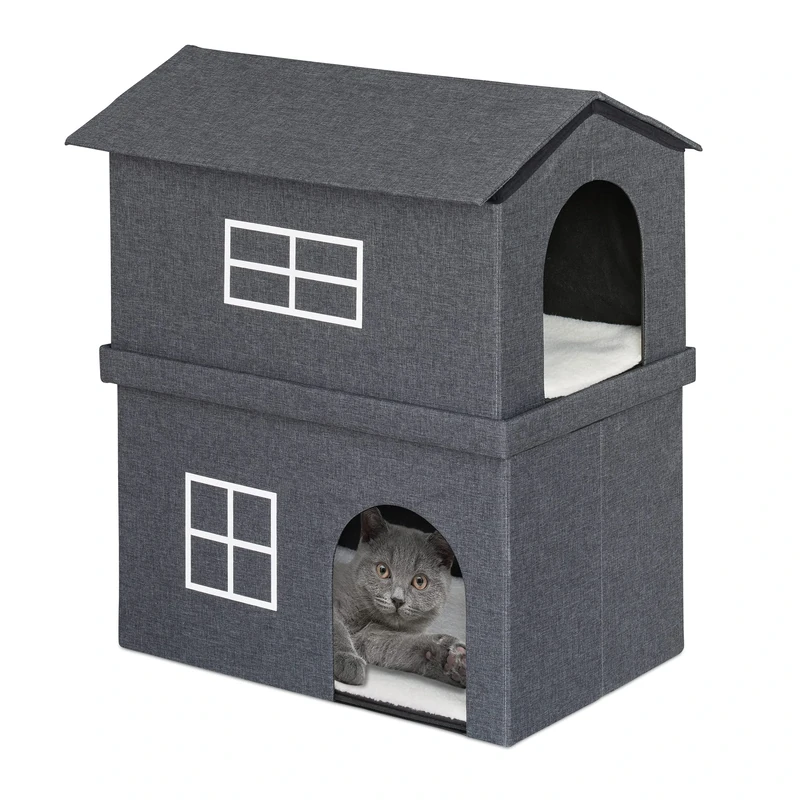 Relaxdays Two Storey Cat House, Pett Den with 2 Entrances, H x W x D: 71.5 x 62.5 x 44 cm, Foldable, Dark Grey